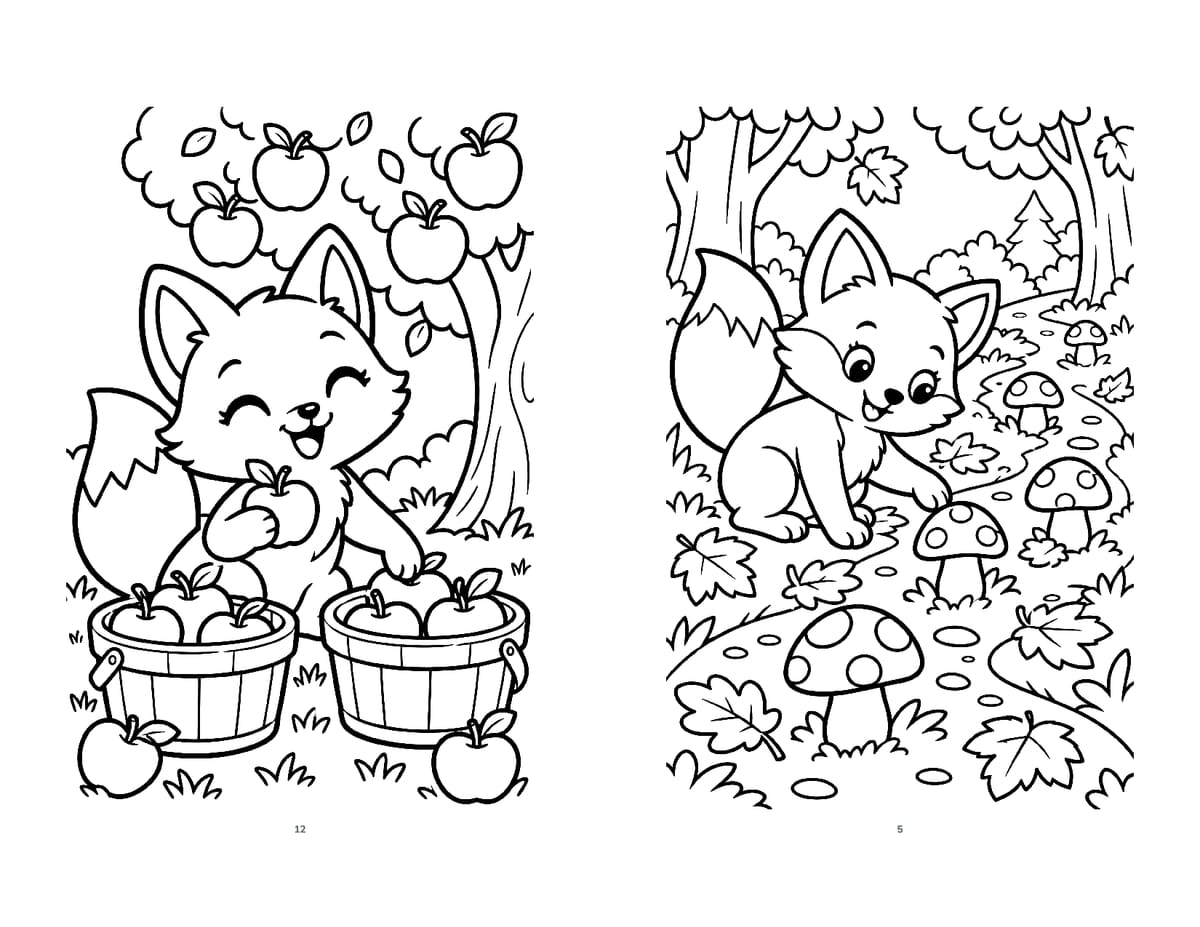 One side of a booklet sheet made by GizmoBloom from a fall coloring book: page 12 on the left, page 5 on the right