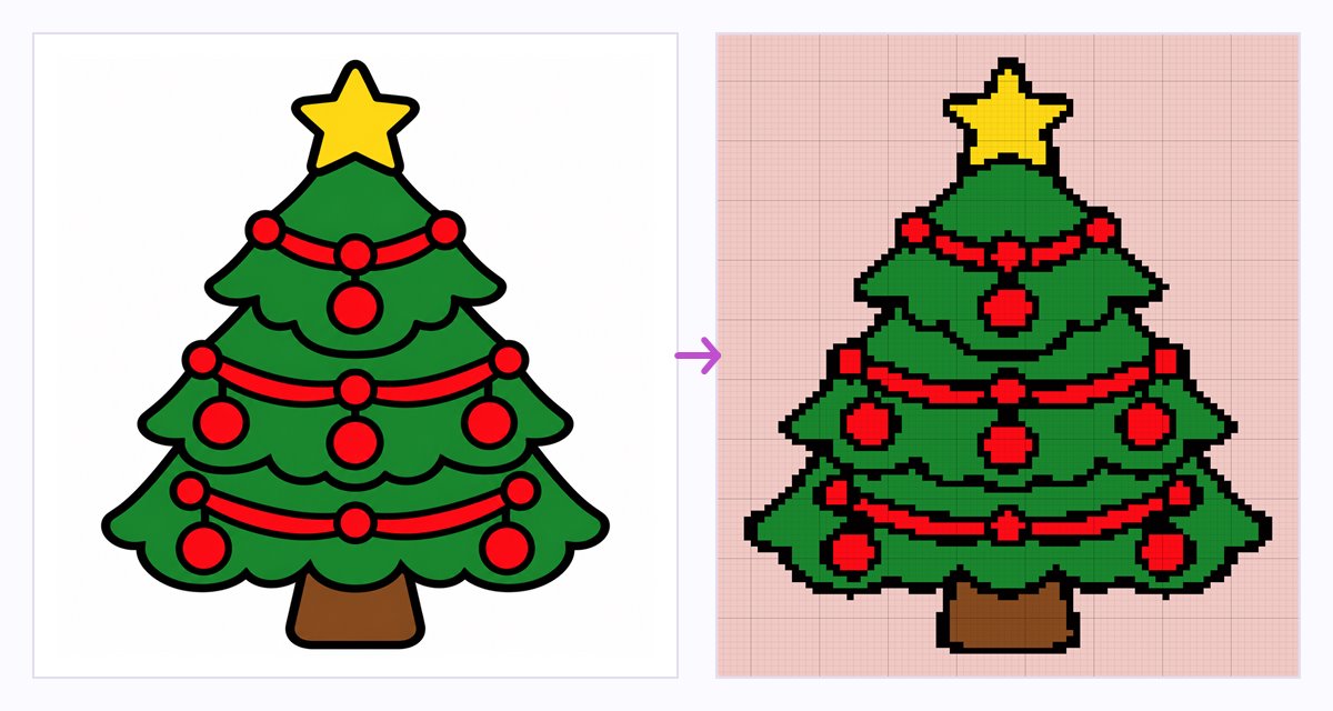 A cartoon Christmas tree picture next to its crochet chart: the same tree as a grid of colored squares on a blush background