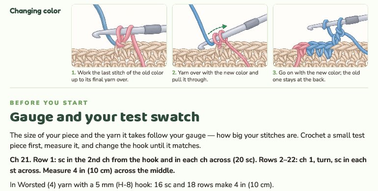 Part of a crochet pattern page made with GizmoBloom: changing color in three pictures, then the gauge and test swatch instructions for worsted yarn and a 5 mm hook