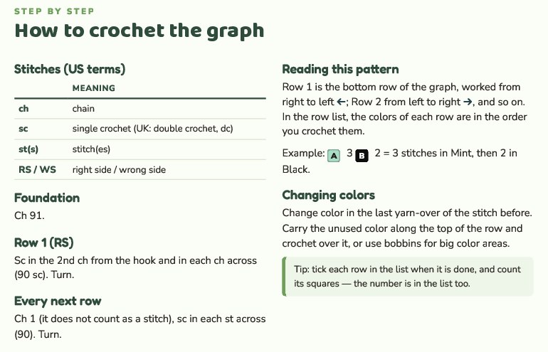 A crochet pillow pattern page made with GizmoBloom: the stitches in US terms, the foundation chain, Row 1, how to read the rows (Row 1 right to left, Row 2 left to right) and how to change colors