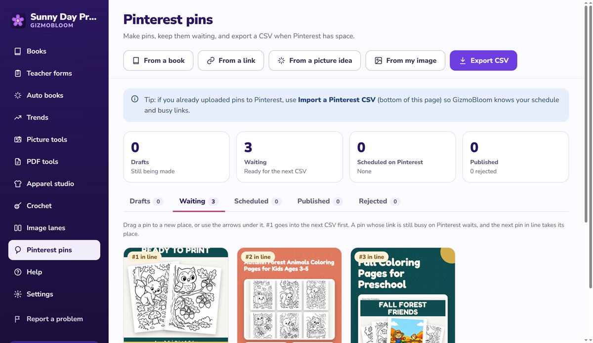 GizmoBloom's Pinterest pins page: three coloring book pins waiting in line, numbered #1 to #3, with the Drafts, Waiting, Scheduled and Published counts