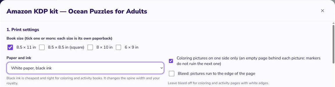 The print settings of GizmoBloom's KDP kit for a puzzle book: the sizes 8.5 × 11, 8.5 × 8.5, 8 × 10 and 6 × 9 inches, the paper and ink, and the bleed option