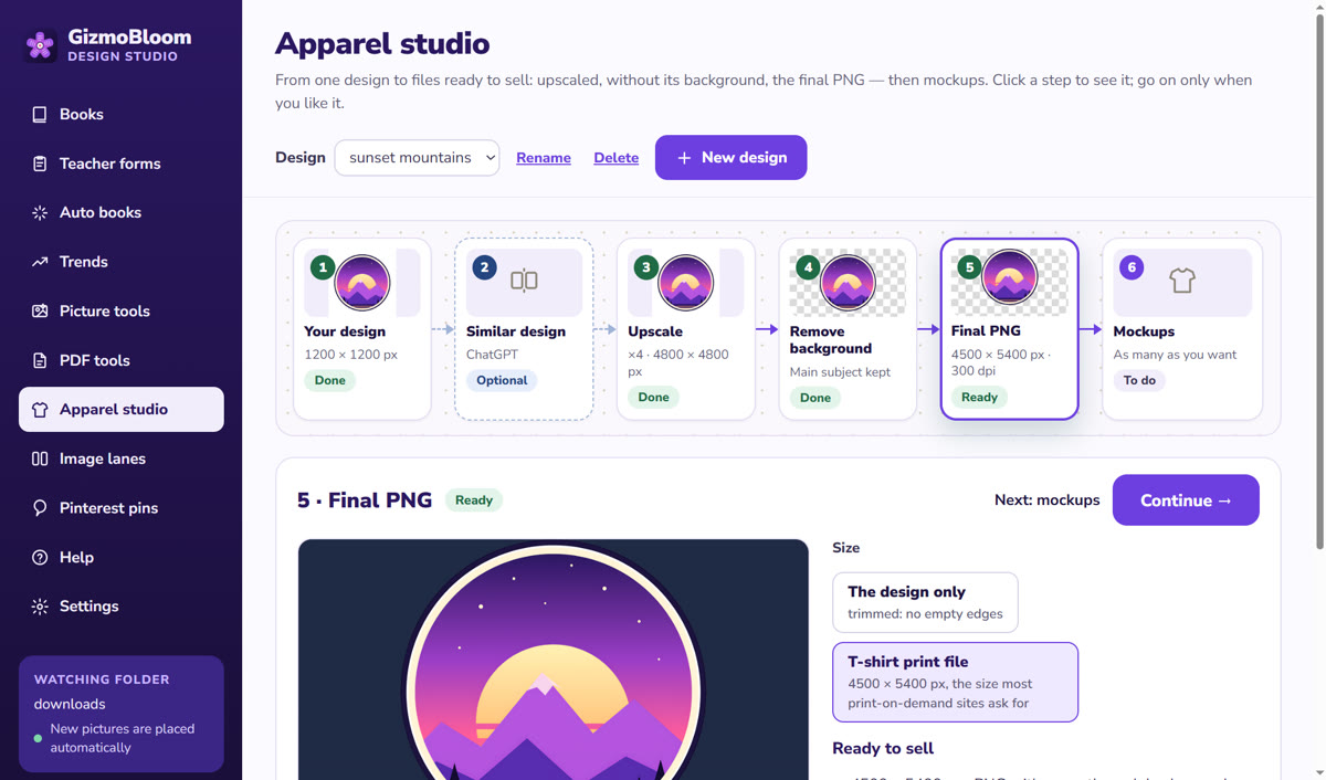 GizmoBloom's Apparel studio: your design, similar design, upscale, remove background, the final PNG at 4500 × 5400 px and 300 dpi, then mockups