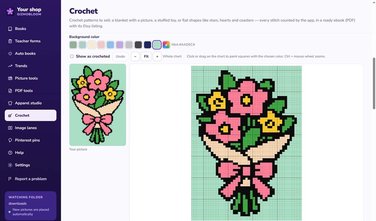 The Crochet page in GizmoBloom: a flower bouquet picture beside its crochet chart, with the background color, the zoom and the paint tools
