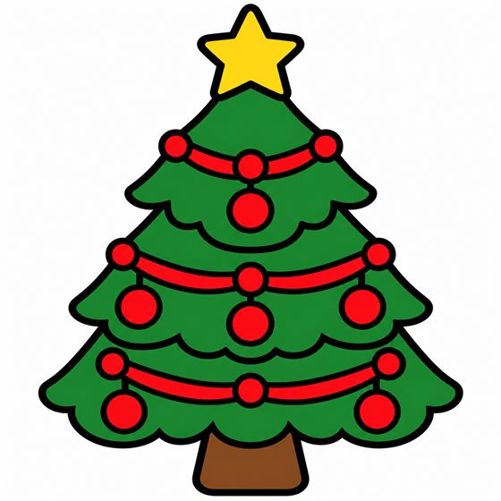 The design: a cartoon Christmas tree with a yellow star, red garlands and red ornaments