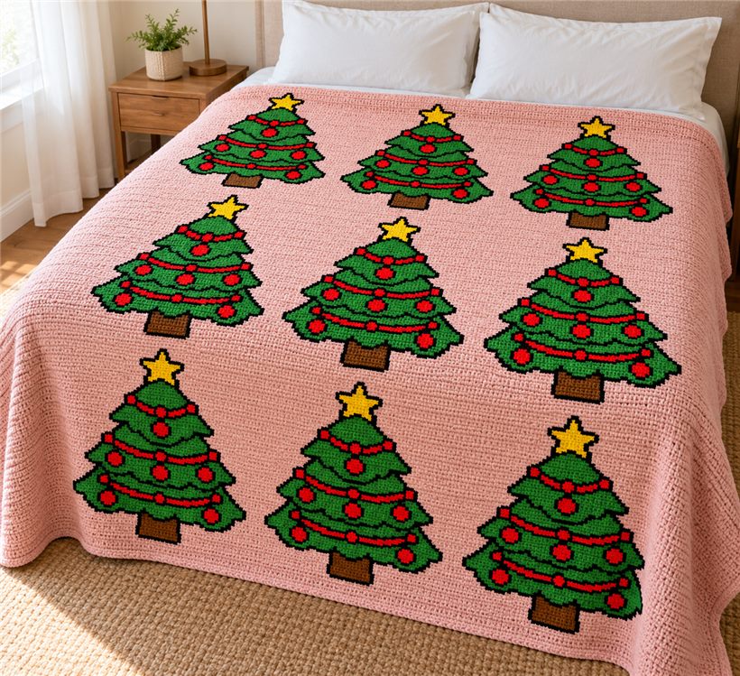 How it will look: a pink crochet blanket with nine Christmas trees, on a bed