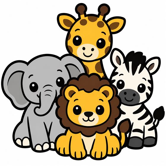 The design: a cute giraffe, elephant, lion and zebra sitting together