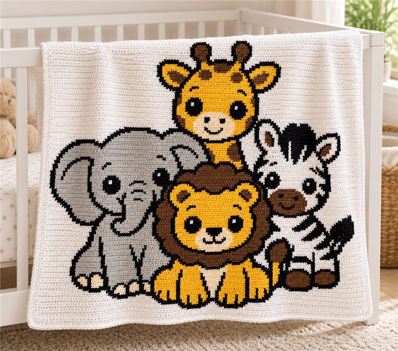 How it will look: a white crochet baby blanket with the giraffe, elephant, lion and zebra, hanging on a crib