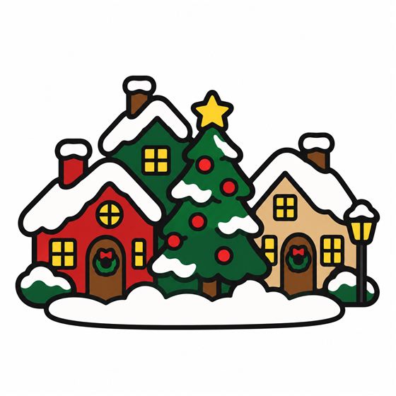 The design: a snowy Christmas village with a red house, a green house, a yellow house and a Christmas tree