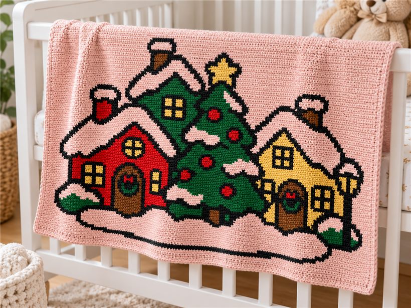 How it will look: a pink crochet baby blanket with the Christmas village, hanging on a crib