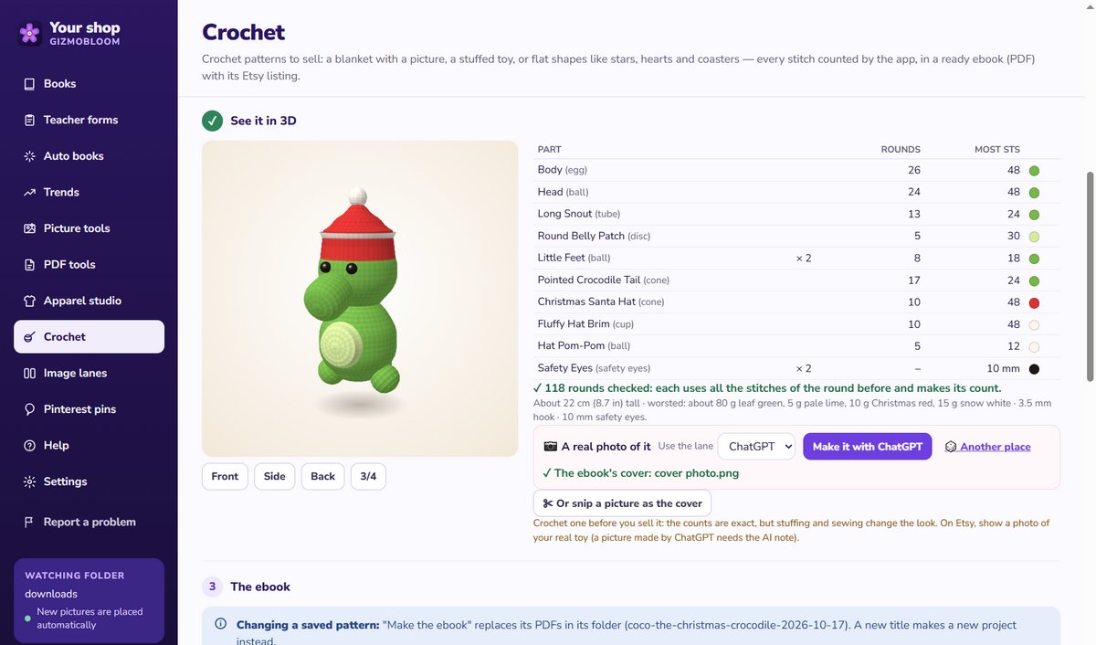 A stuffed toy in GizmoBloom: Coco the Christmas Crocodile in 3D, with its parts, the rounds of each part, 118 rounds checked and the yarn it needs
