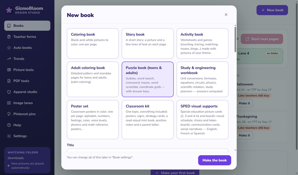 The New book window in GizmoBloom: coloring book, story book, activity book, adult coloring book, puzzle book, study workbook, poster set, classroom kit and SPED visual supports
