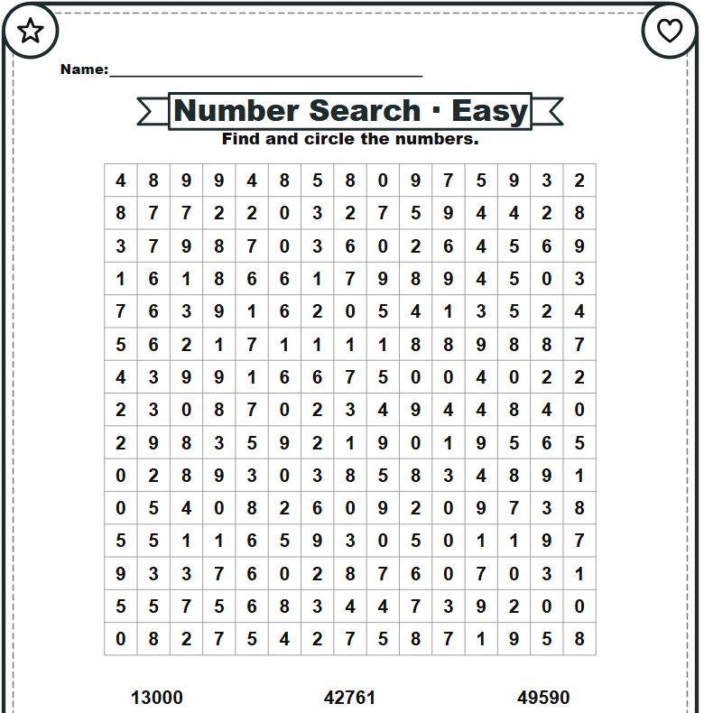 A number search puzzle page made by GizmoBloom: Number Search, Easy, a 15 by 15 grid of digits with the numbers to find under it