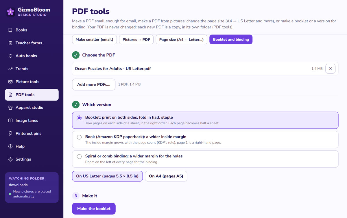 GizmoBloom's PDF tools: Booklet and binding — a booklet to print on both sides, fold and staple, a KDP paperback margin, or spiral and comb binding
