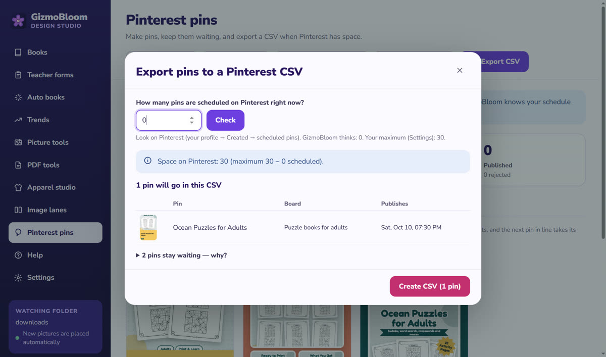 Exporting pins to a Pinterest CSV in GizmoBloom: the space left on Pinterest, the pin, its board and its publish date