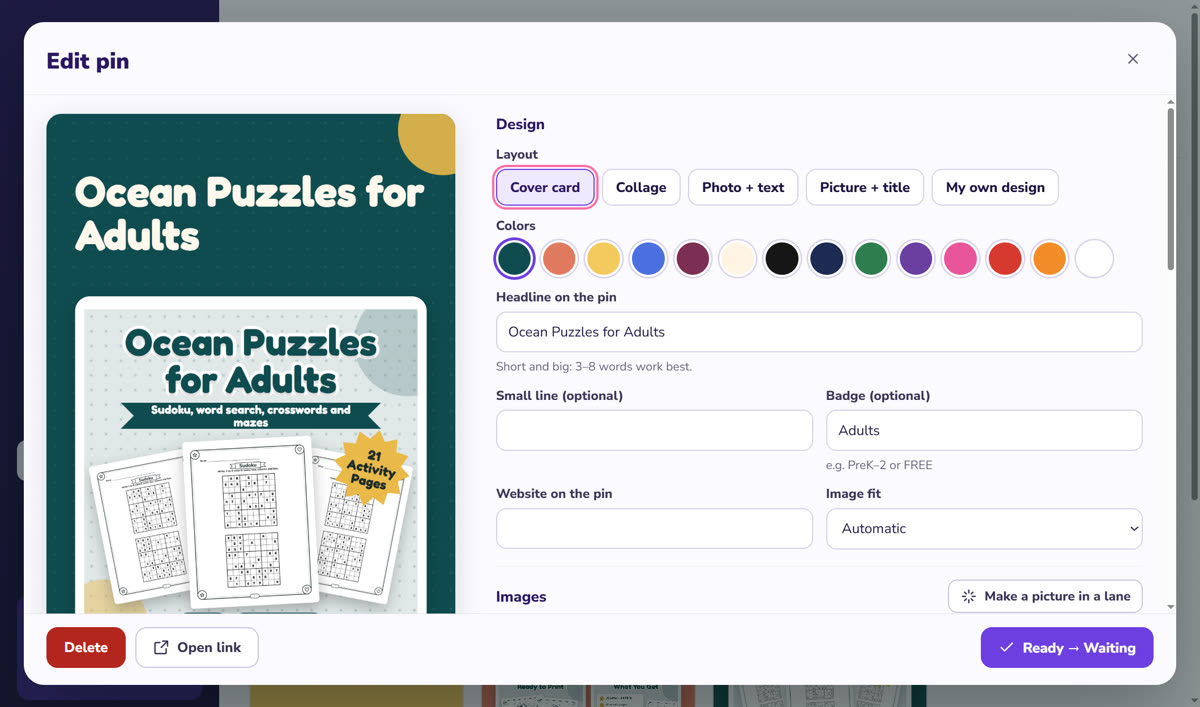 Editing a Pinterest pin in GizmoBloom: a cover card pin for an ocean puzzle book, with layouts, 14 colors, the headline and a badge