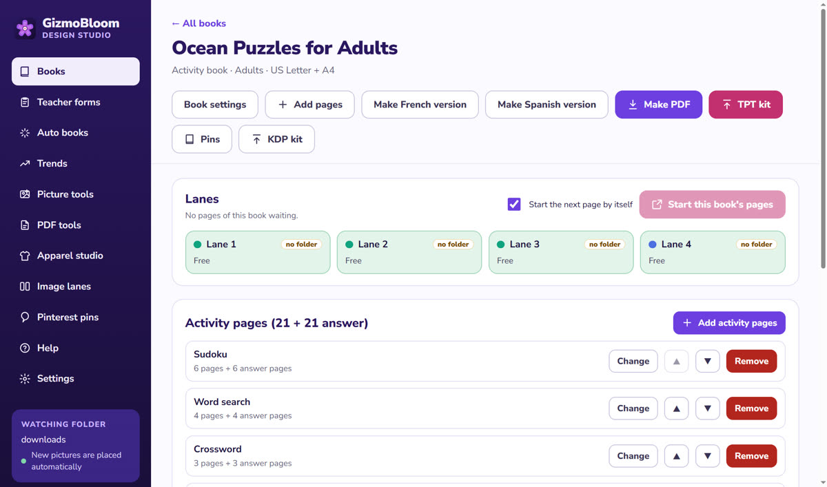 A puzzle book in GizmoBloom: Ocean Puzzles for Adults with 21 activity pages and 21 answer pages — sudoku, word search and crossword