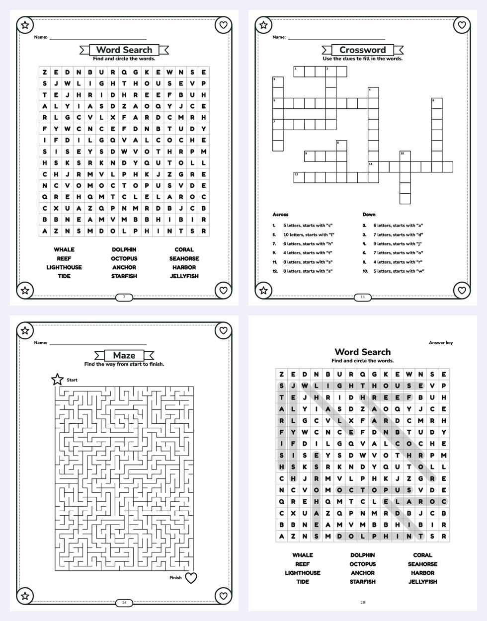 Puzzle pages made by GizmoBloom for an ocean puzzle book: a word search, a crossword, a maze and the word search answer key
