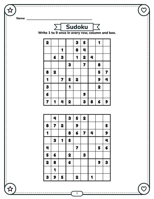 A sudoku page made by GizmoBloom: two sudoku grids with a name line and a page number