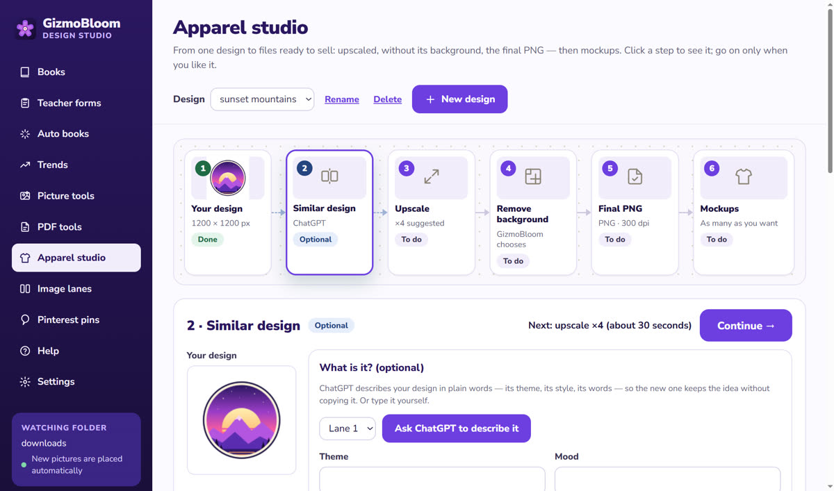 The Similar design step of GizmoBloom's Apparel studio: ChatGPT describes the design's theme, style and words so a new design keeps the idea without copying it