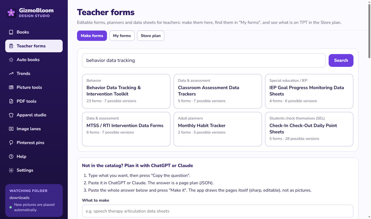 GizmoBloom's Teacher forms page: a search for behavior data tracking with toolkits, IEP goal progress monitoring data sheets and MTSS / RTI forms