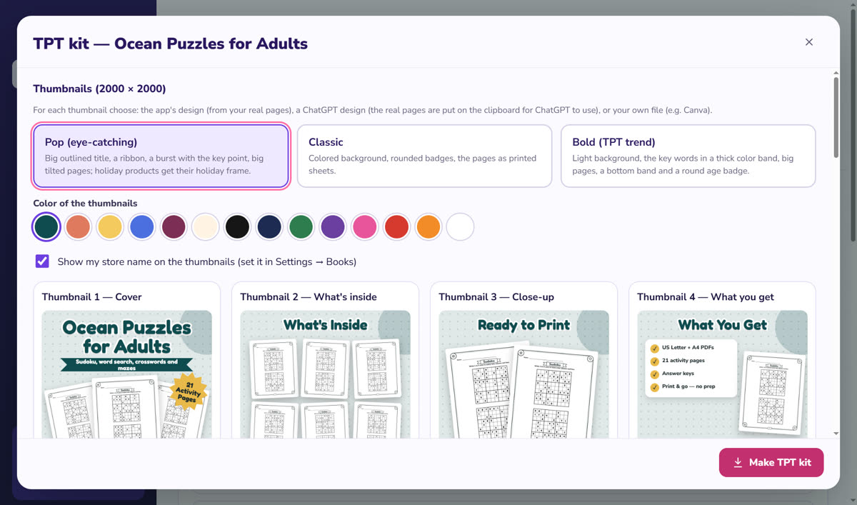 GizmoBloom's TPT kit: thumbnail styles Pop, Classic and Bold, 14 colors, and four 2000 × 2000 thumbnails — Cover, What's inside, Close-up and What you get