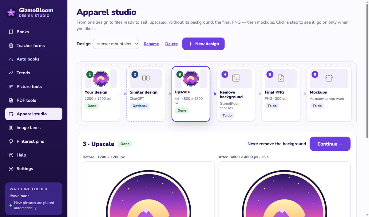 GizmoBloom's upscaler in the Apparel studio: a 1200 × 1200 px design made 4800 × 4800 px in 26 seconds